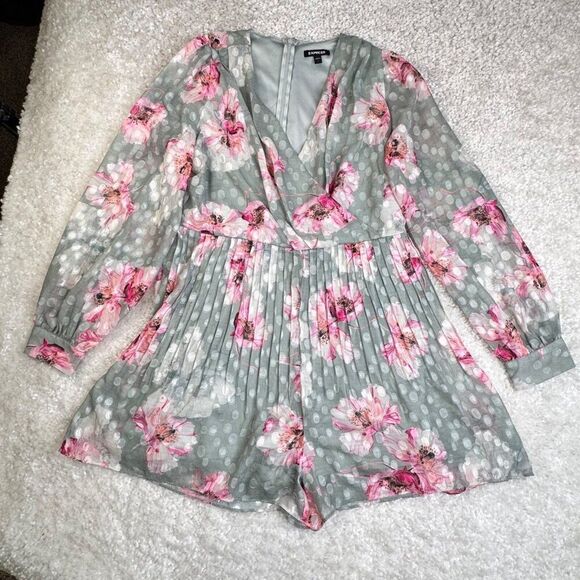 Express Floral Long Sleeve Pleated Wrap Romper Pink Gray Large - Picture 2 of 9